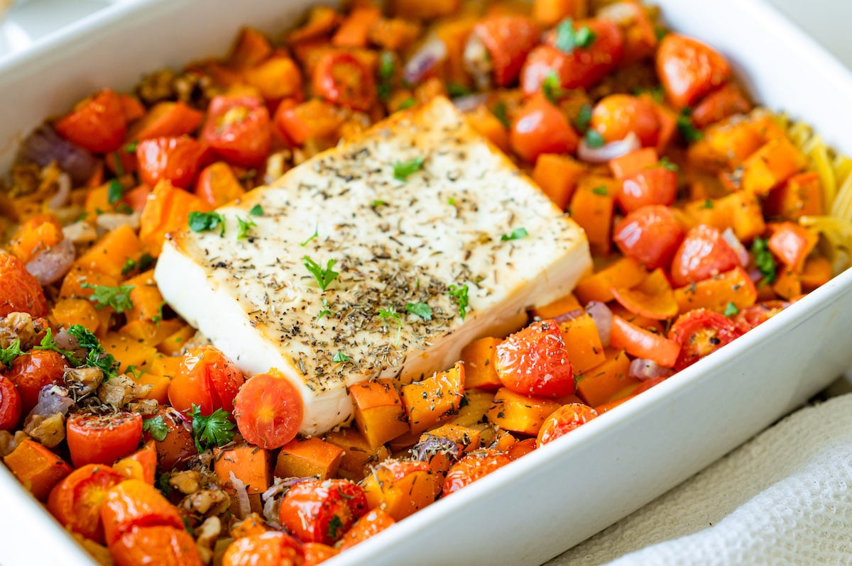 Baked Feta Pasta with kabocha squash and tomatoes.