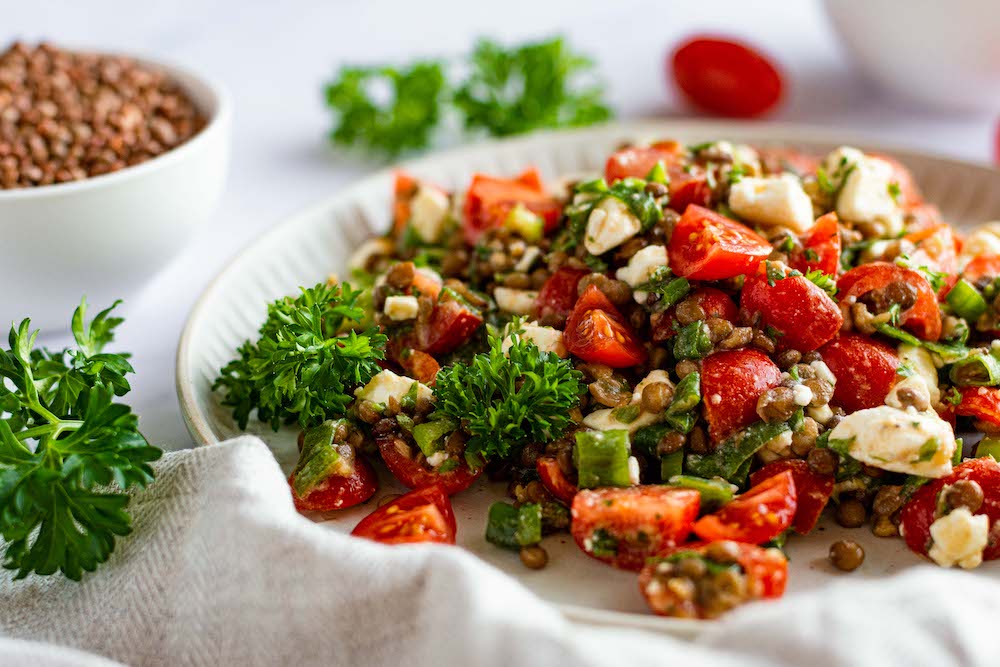 Canned lentil salad served on a plate.