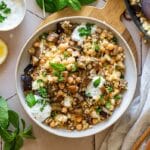 Couscous with Eggplant and yogurt dip.