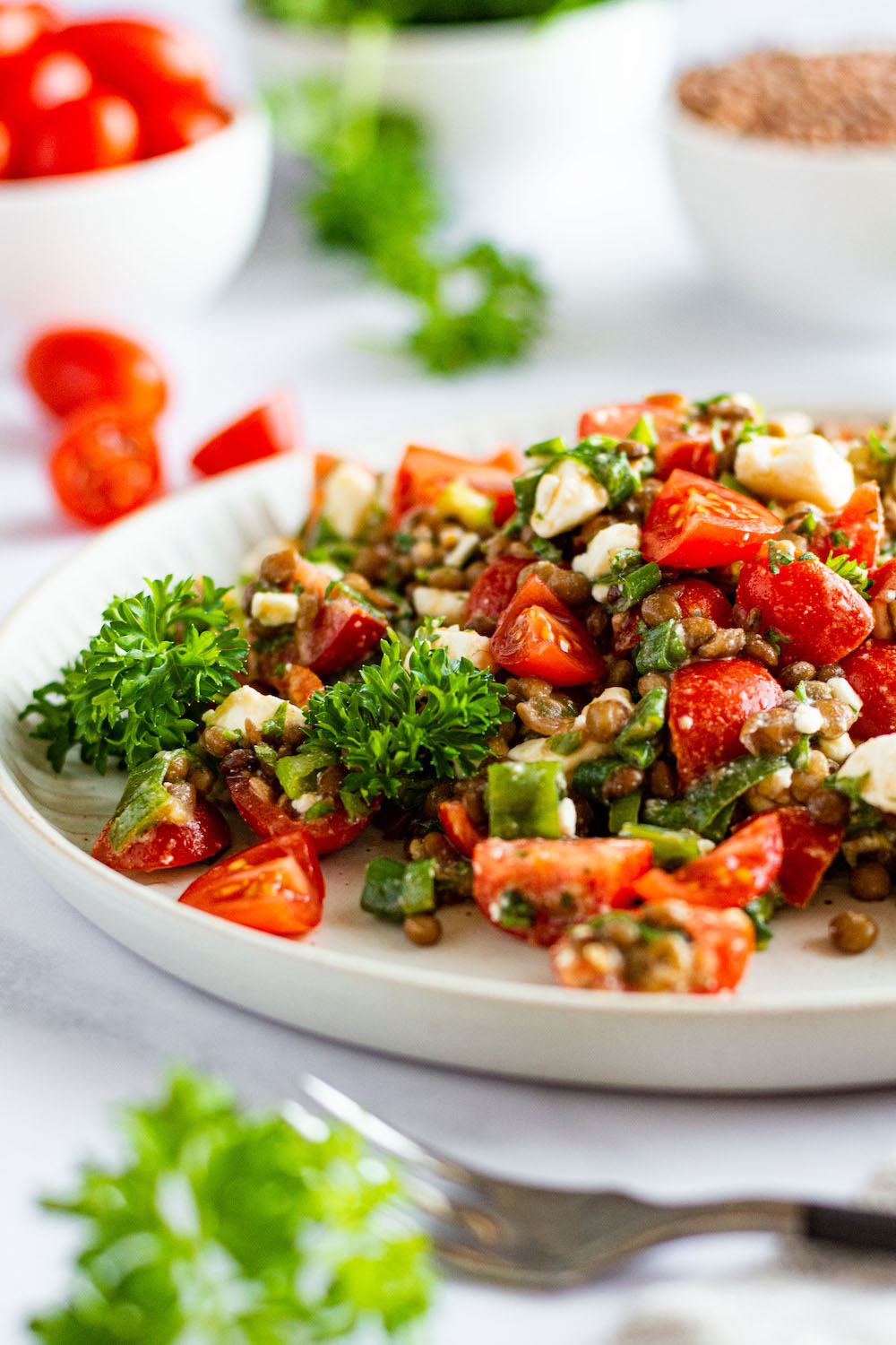 Healthy lentil salad with feta and tomatoes.