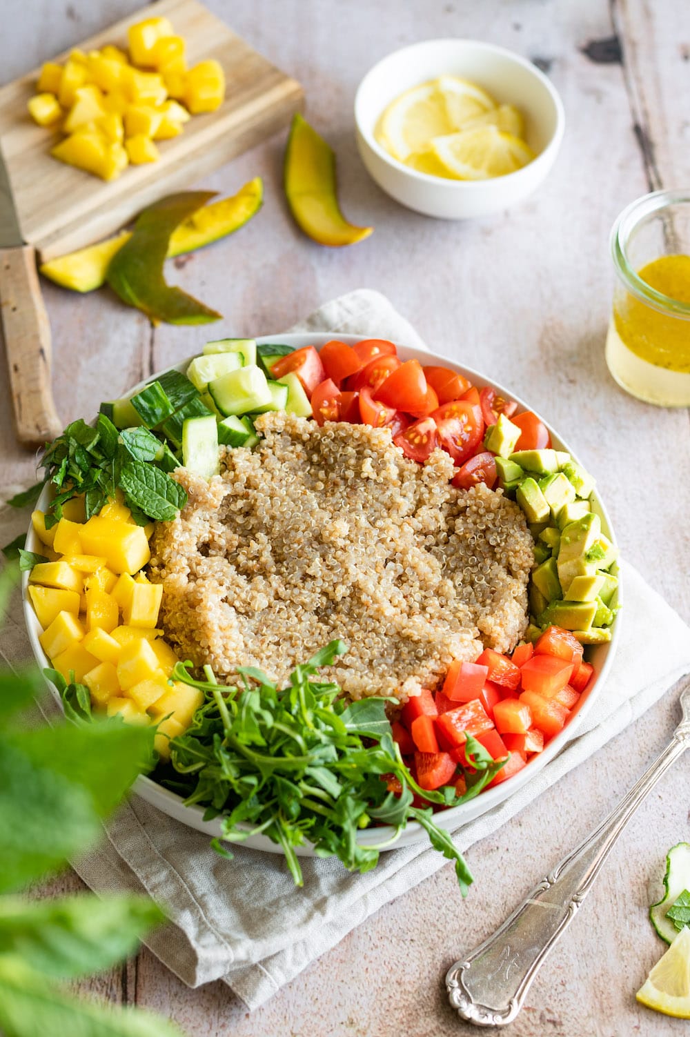 Ingredients for the salad arranged in a bowl: Cooked quinoa, bell pepper, tomatoes, avocado, mango, arugula.