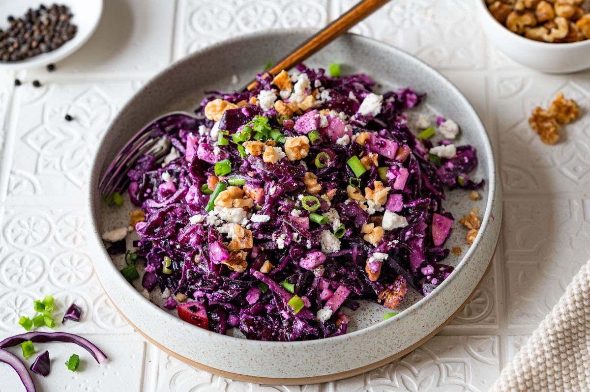 Red Cabbage Salad with Feta Cheese, Apple and Walnuts.