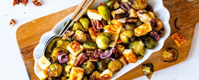 Roasted brussels sprout salad with apple, pecans and halloumi.