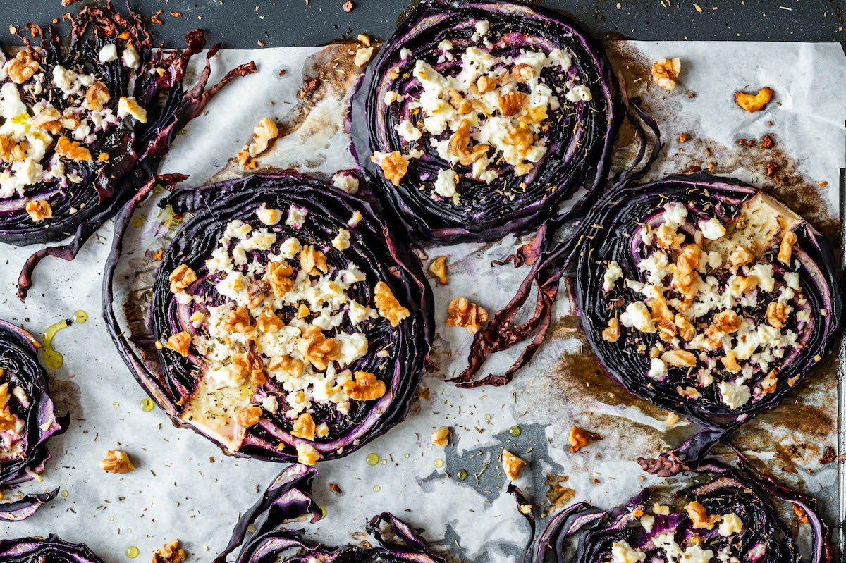 Baked red cabbage with feta cheese and walnuts.