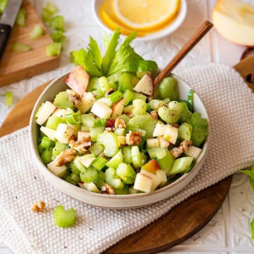 celery apple walnut salad in a bowl.