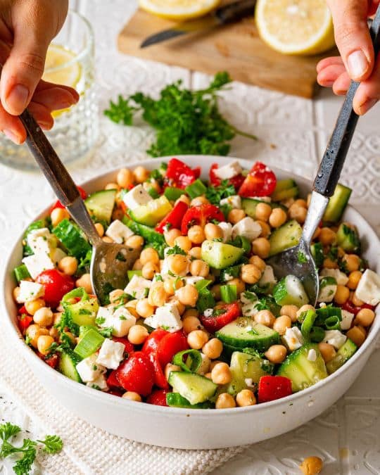 Chickpea feta cucumber tomato salad.