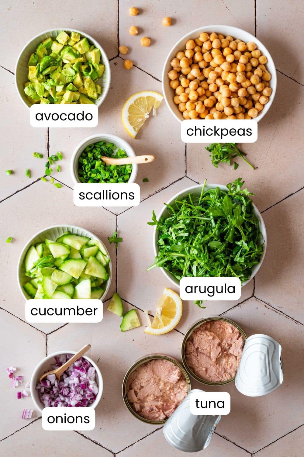 Labelled photograph of the ingredients for the chickpea tuna avocado salad.