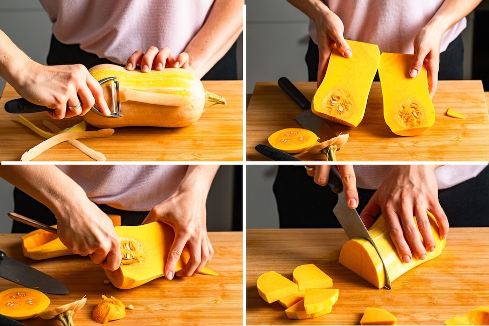 Four photos showing how a butternut squash is peeled and cut into chunks.