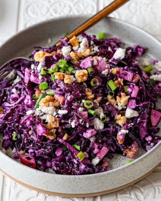 red cabbage salad with feta cheese.