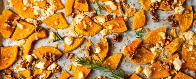 Roasted butternut squash with feta and walnuts.