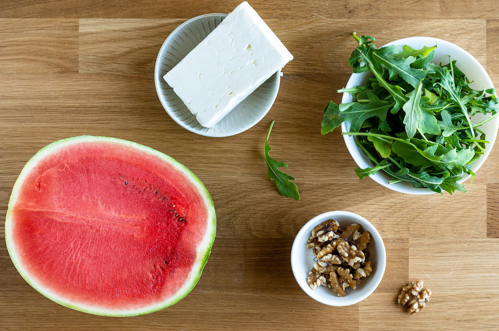 Ingredients: Watermelon, feta cheese, arugula, walnuts.
