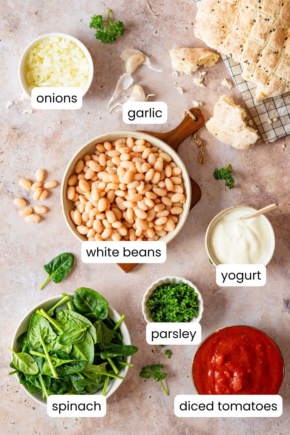 Labelled overhead shot of the ingredients for the white bean curry.