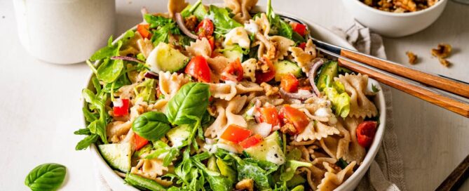 Wholegrain pasta salad in a bowl.