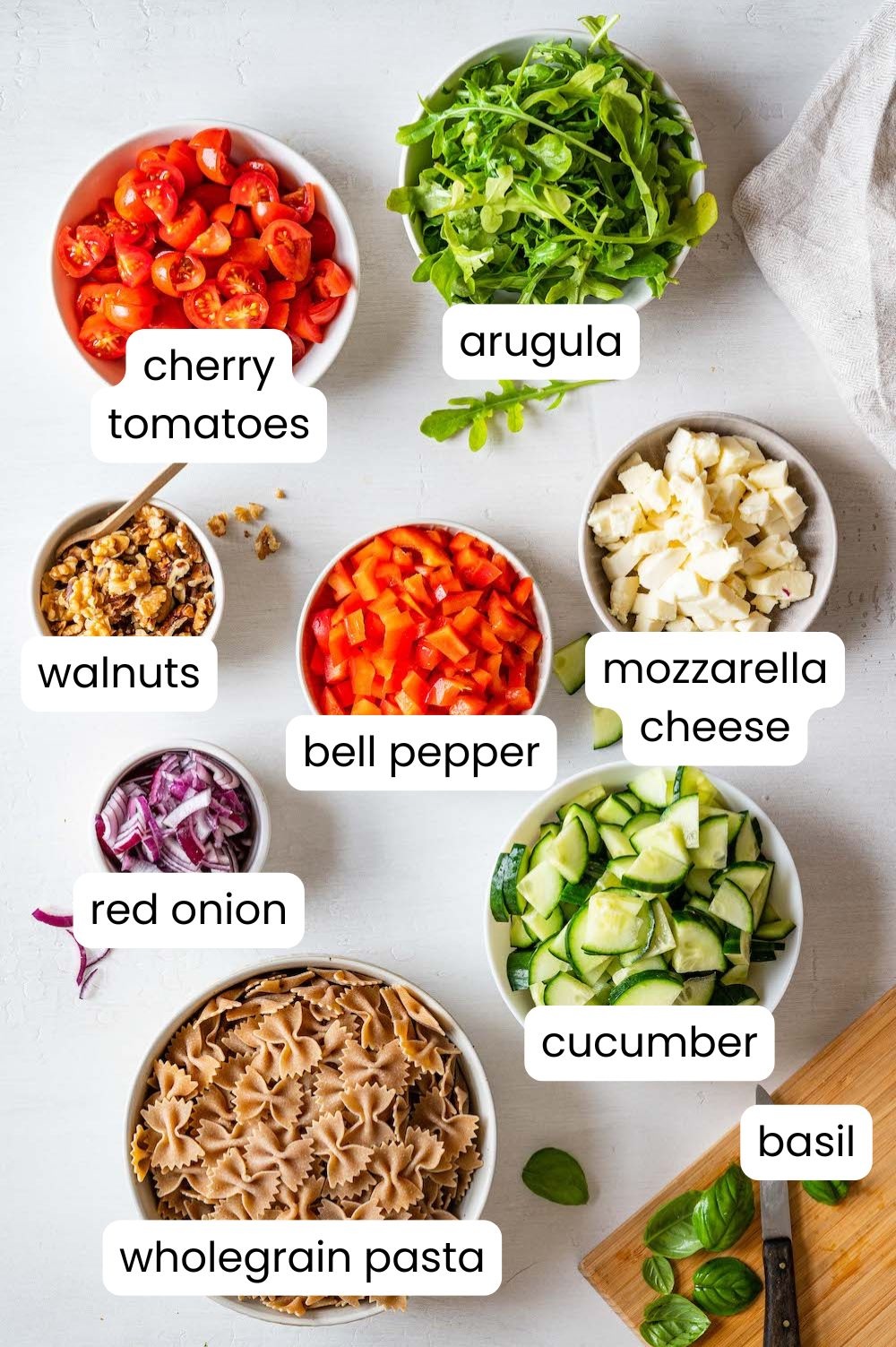 Labelled overhead shot of the ingredients for the wholegrain pasta salad.